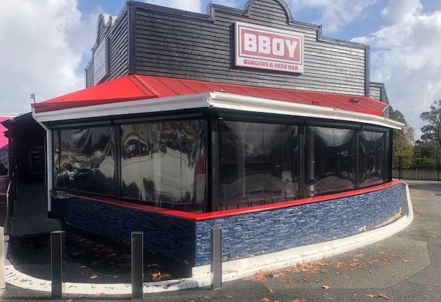 Clear cafe blinds installed at BBOY Cafe in O'Connor